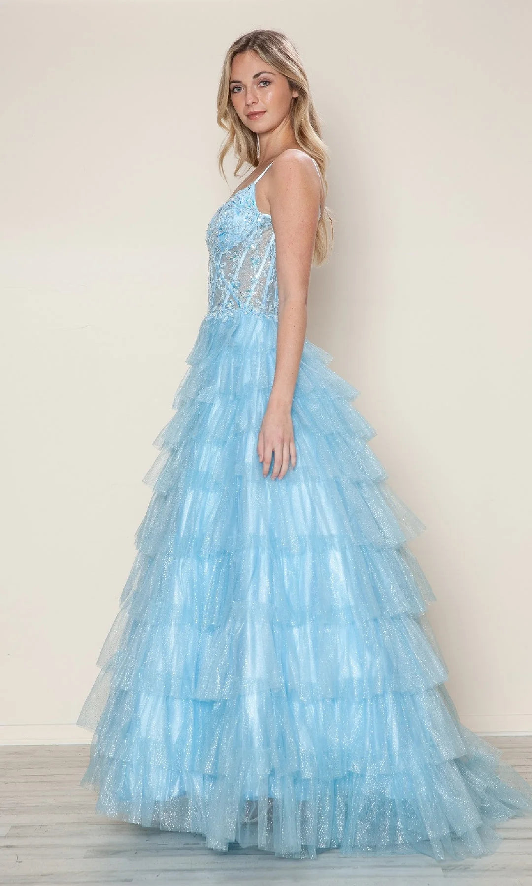 Charming A-Line Sweetheart Sleeveless Tiered Corset Blue Long Prom Dresses Gown