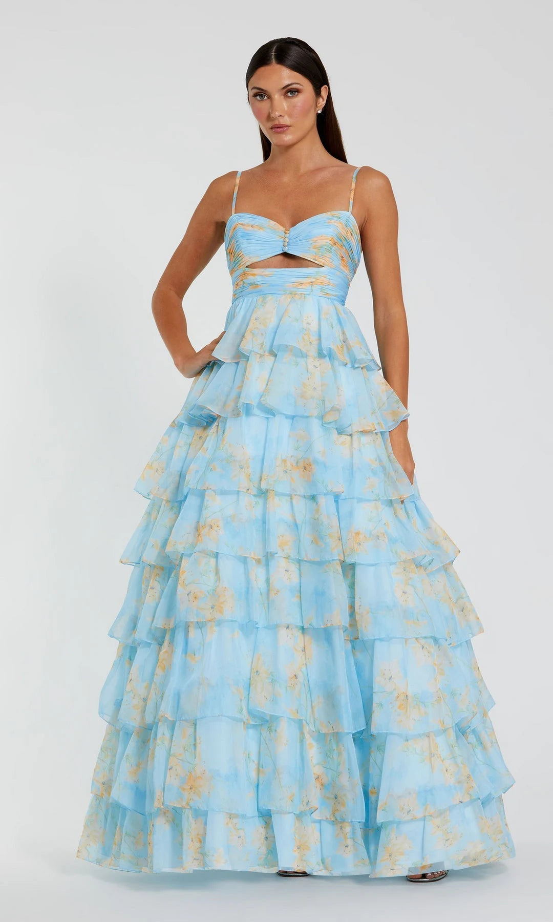 Charming A-Line Sweetheart Sleeveless Tiered Cutout Blue Maxi Prom Dresses Women