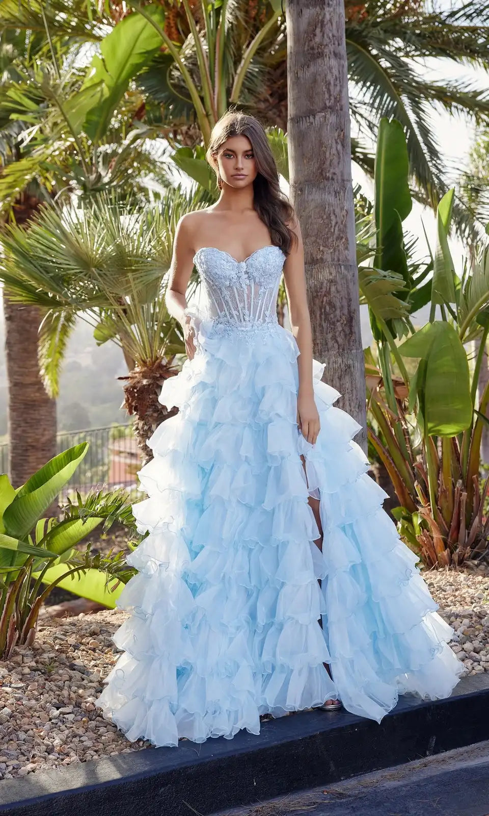 Charming A-Line Sweetheart Sleeveless Tiered Ruffle Blue Long Prom Dresses Women