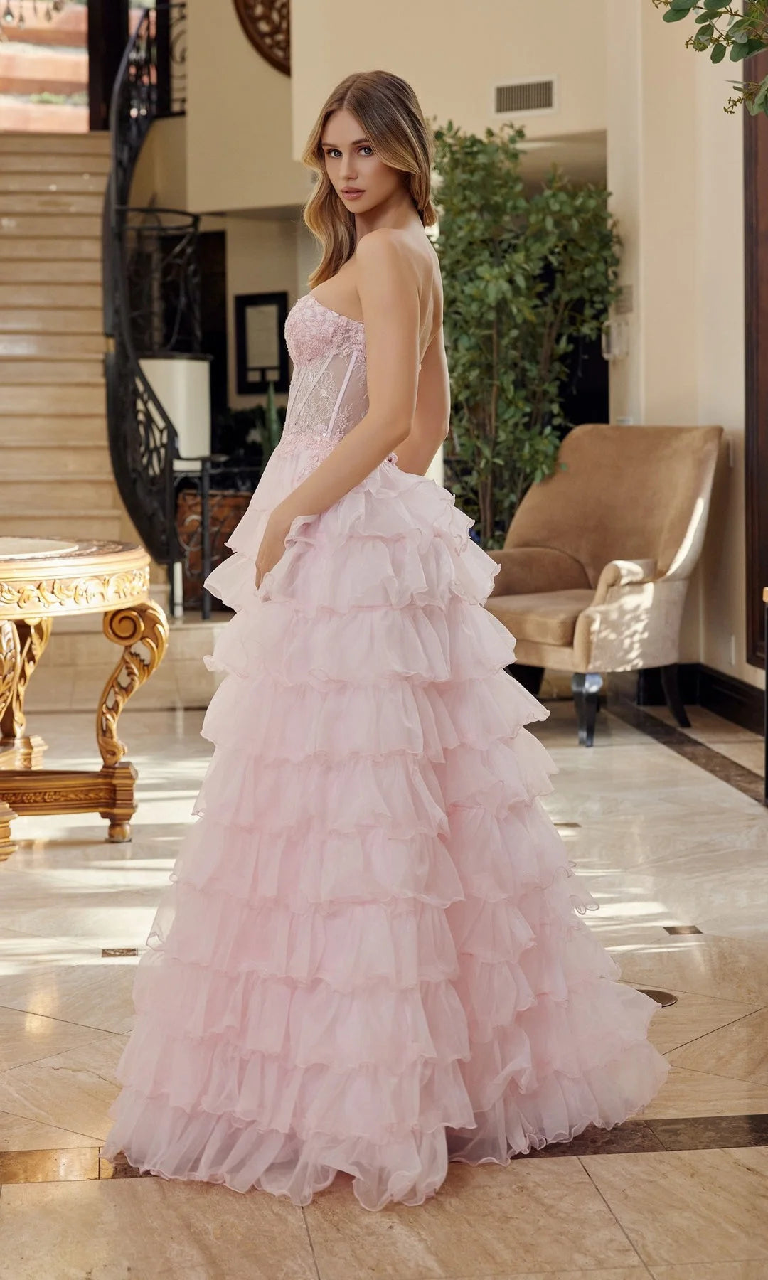 Charming A-Line Sweetheart Strapless Tiered Slit Pink Maxi Prom Dresses Gown