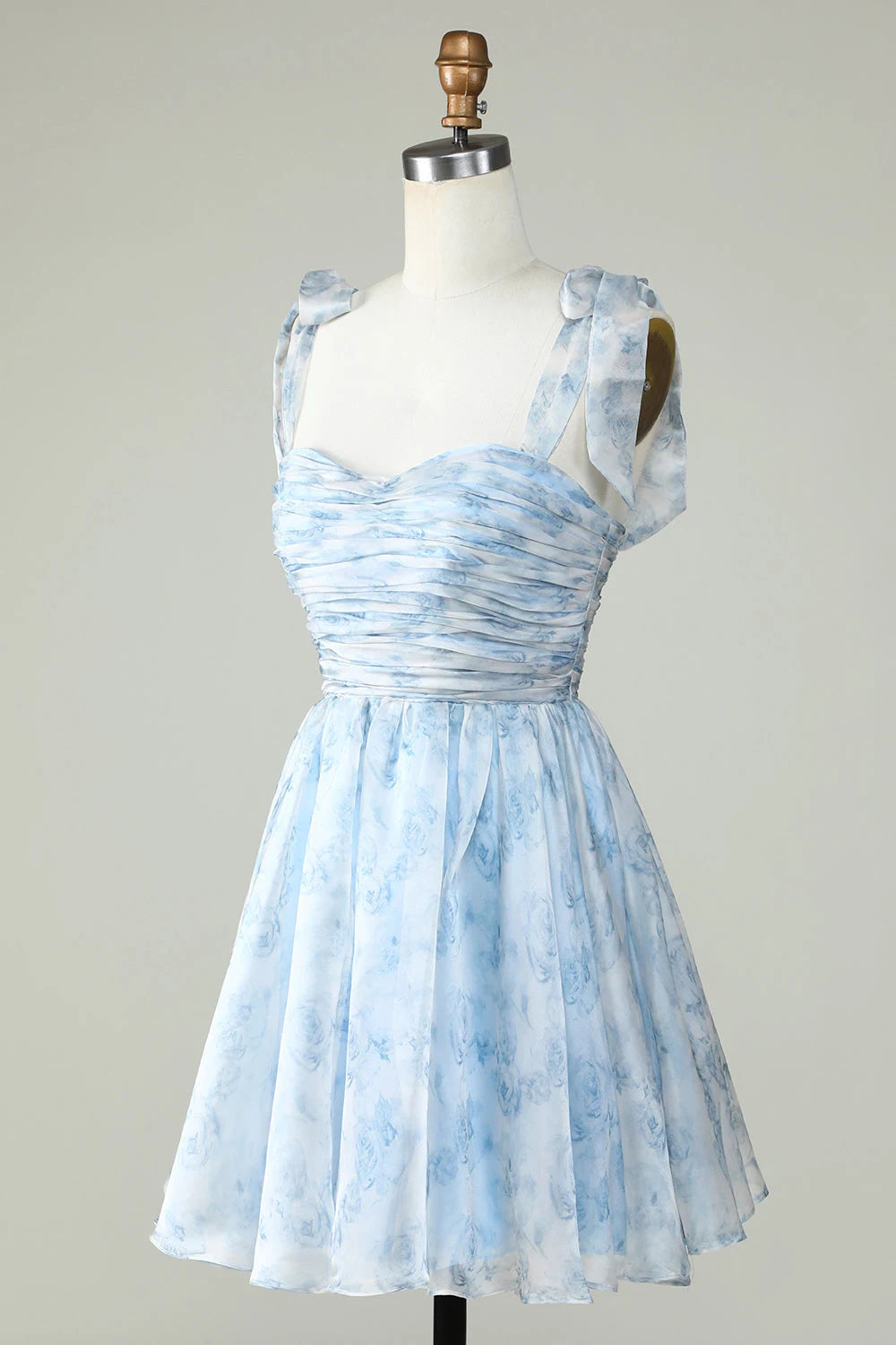 Charming A-Line Sweetheart Tie-Shoulder Floral Ruched Light Blue Short Homecoming Dress