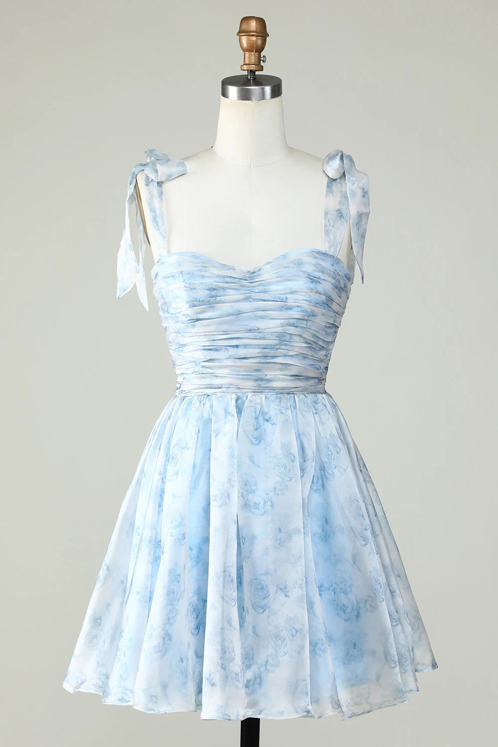 Charming A-Line Sweetheart Tie-Shoulder Floral Ruched Light Blue Short Homecoming Dress