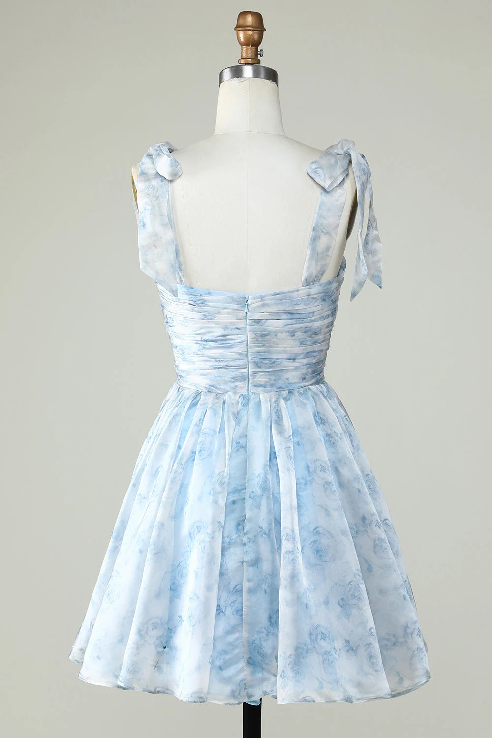 Charming A-Line Sweetheart Tie-Shoulder Floral Ruched Light Blue Short Homecoming Dress