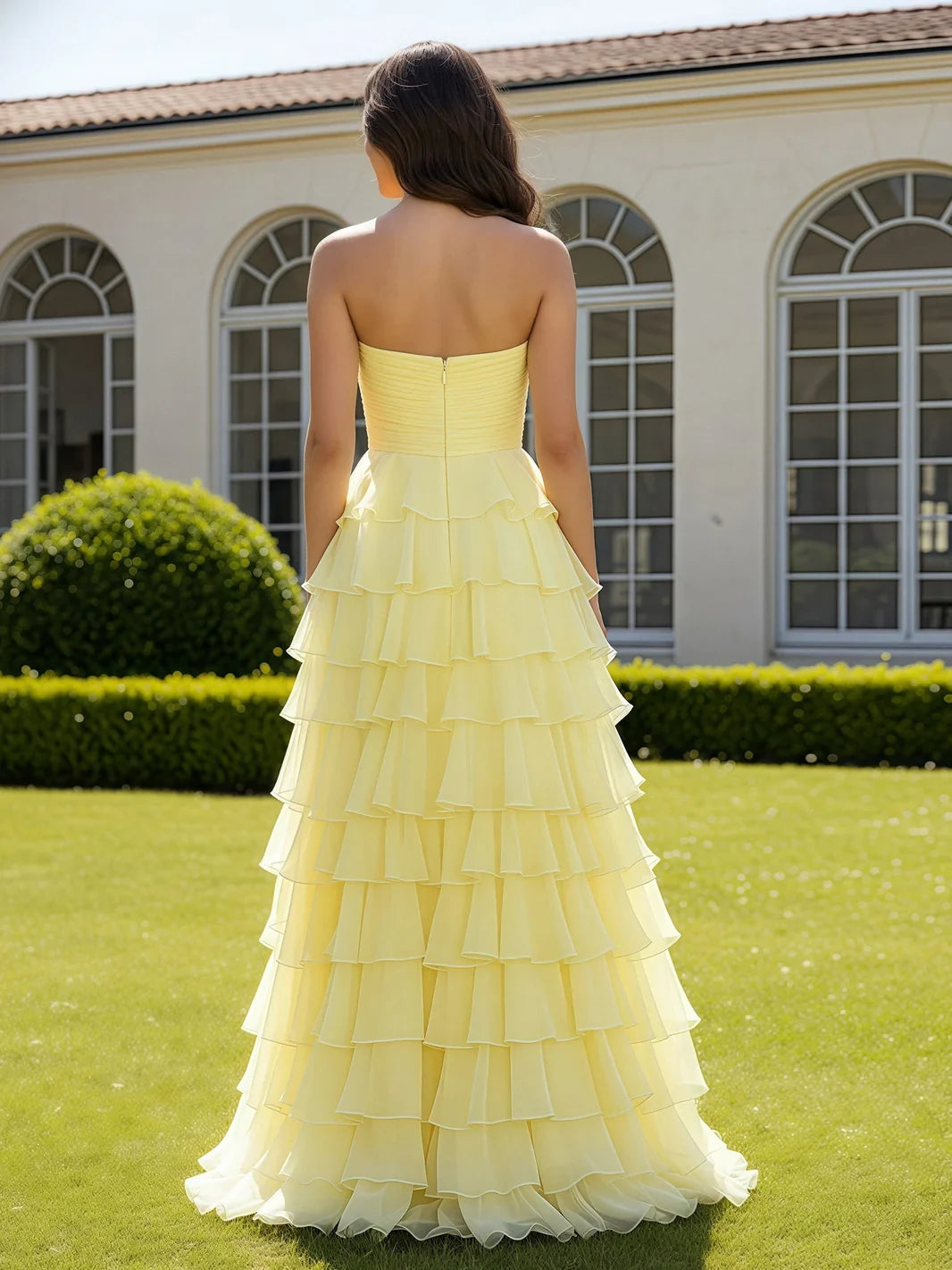 Charming A-Line Sweetheart Tiered High Slit Yellow Floor-Length Prom Dress Gown