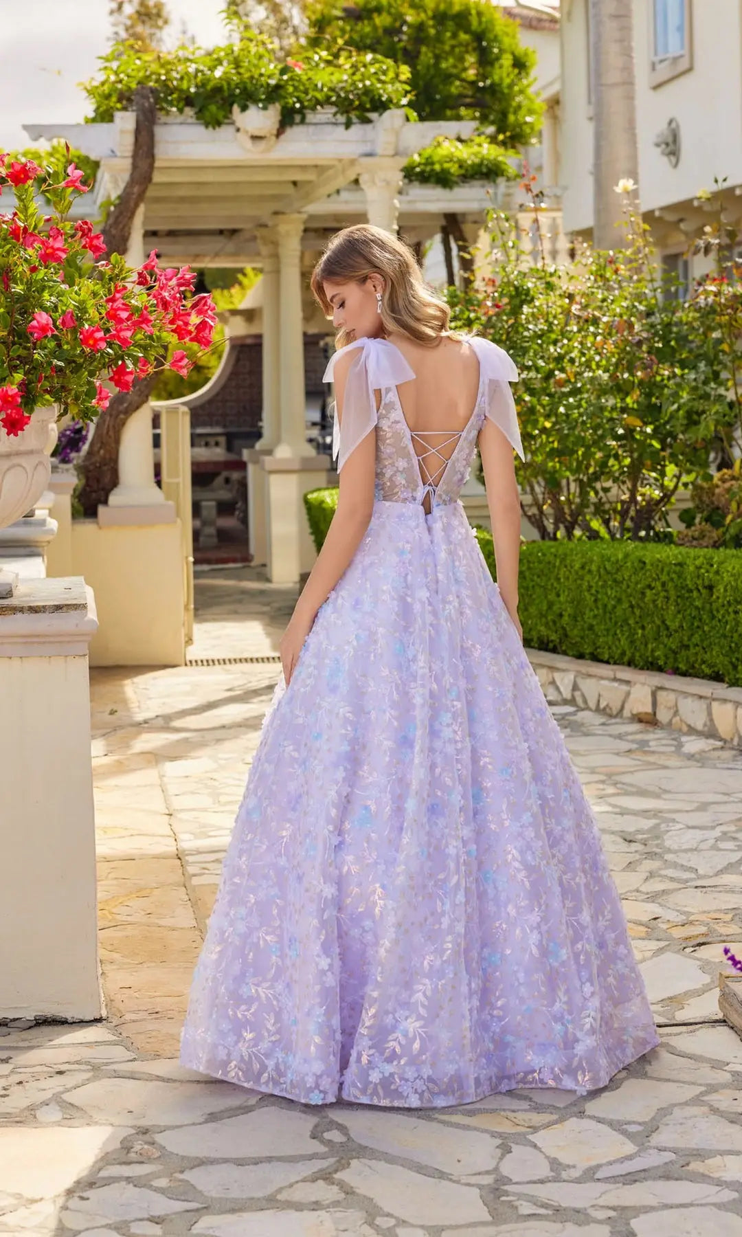 Charming A-Line V-Neck Sleeveless Corset Floral Lavender Long Prom Dresses Women