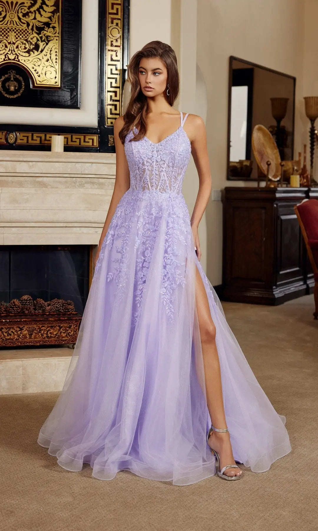 Charming A-Line V-Neck Sleeveless Corset Slit Lavender Long Prom Dresses Women