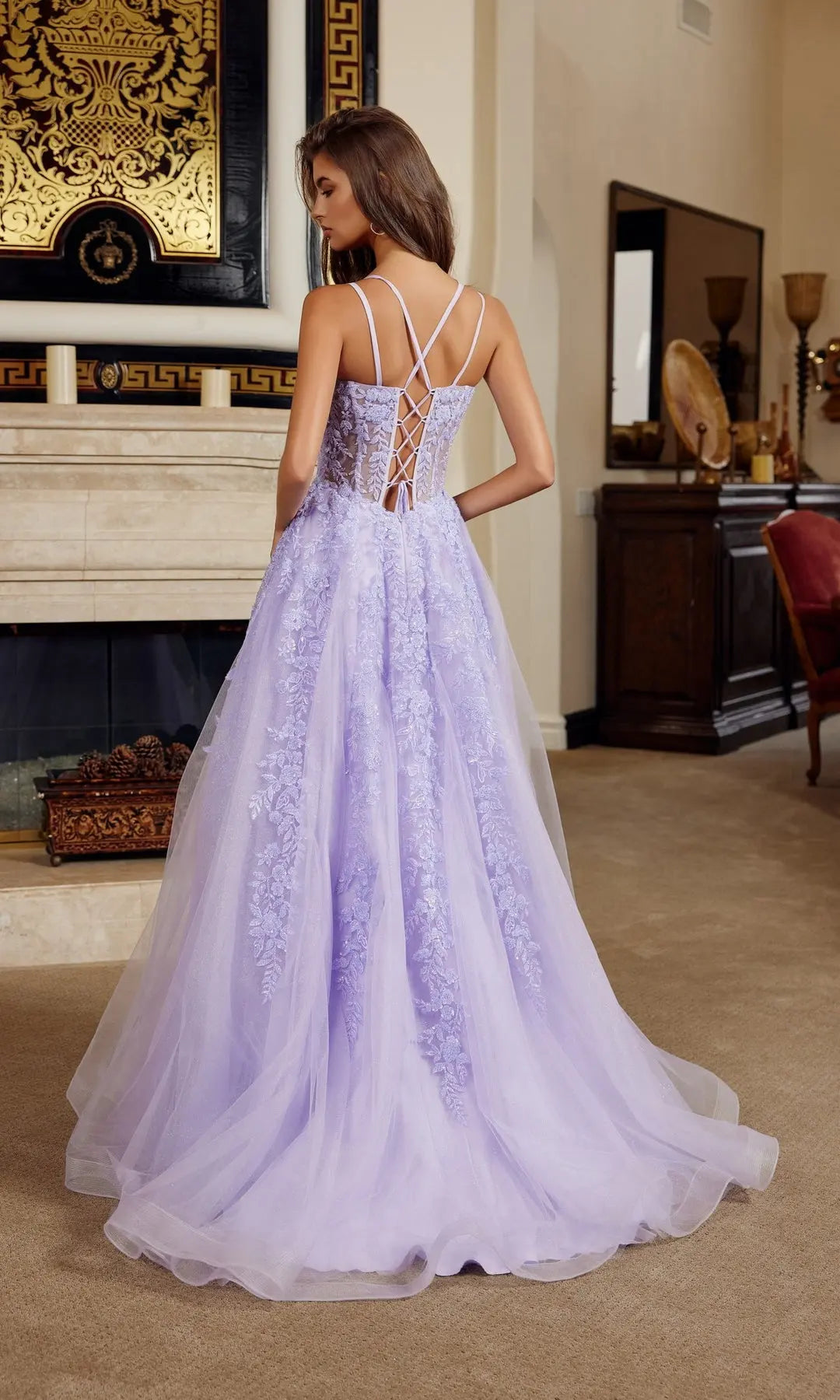 Charming A-Line V-Neck Sleeveless Corset Slit Lavender Long Prom Dresses Women