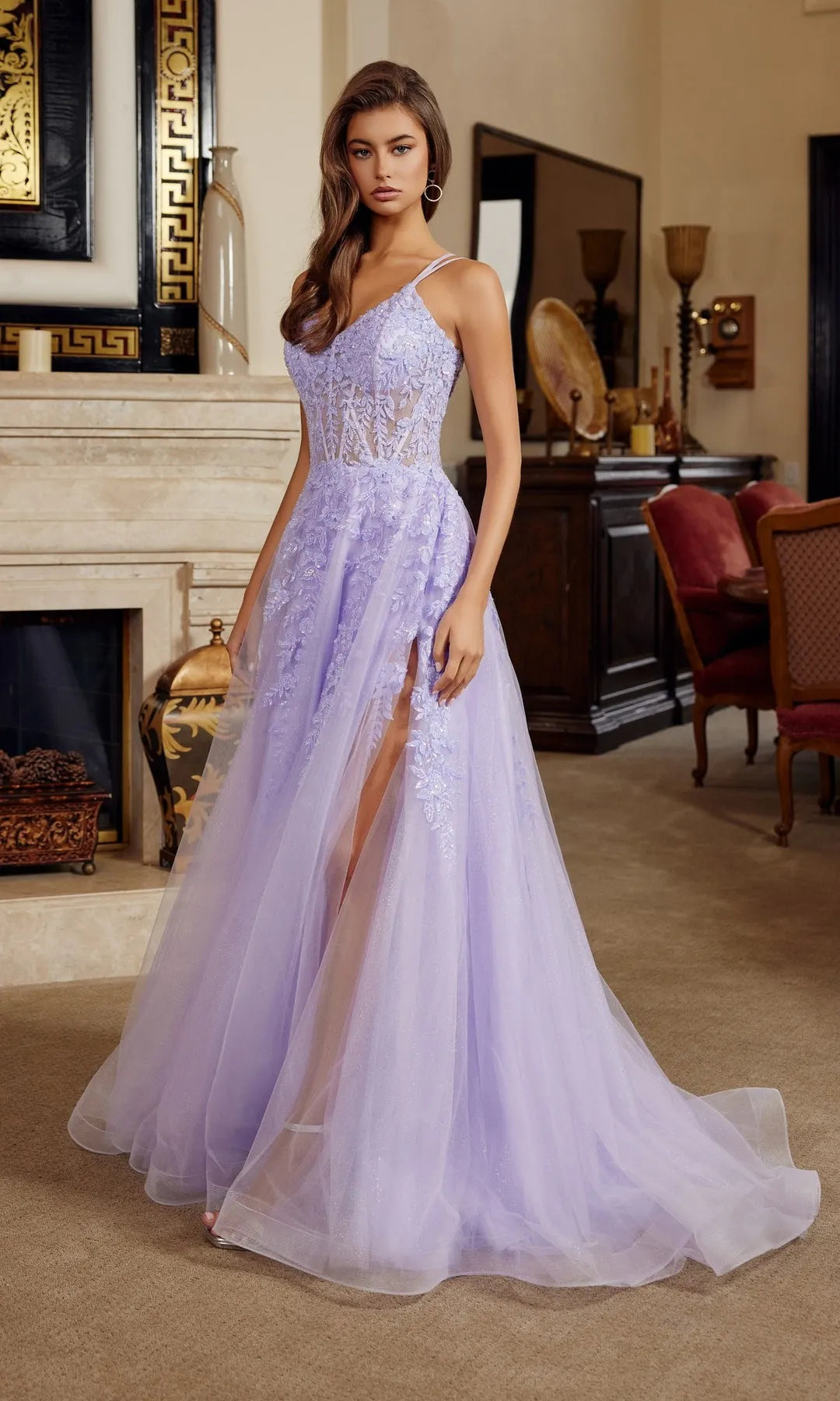 Charming A-Line V-Neck Sleeveless Corset Slit Lavender Long Prom Dresses Women