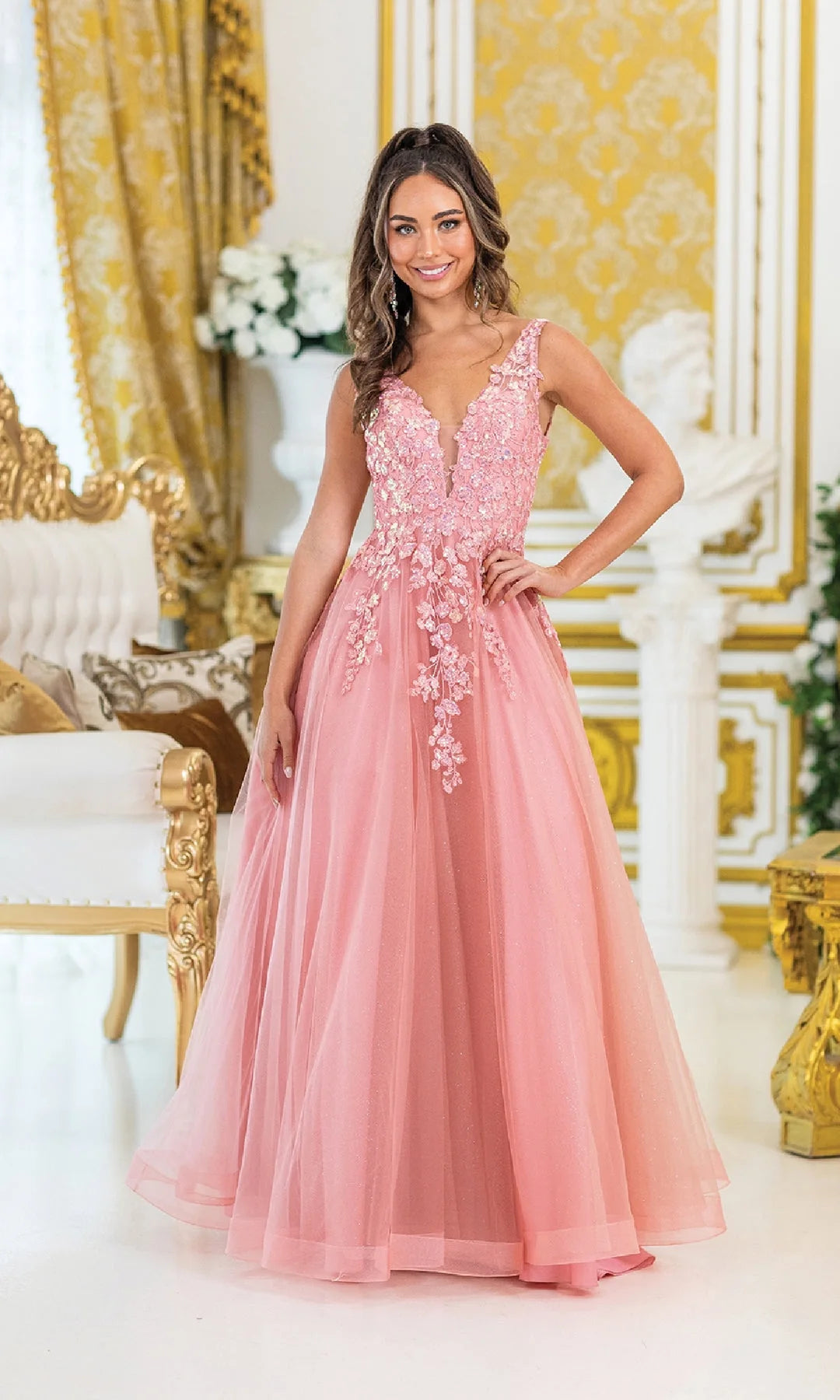 Charming A-Line V-Neck Sleeveless Floral Embellished Pink Long Prom Dresses Women Gown