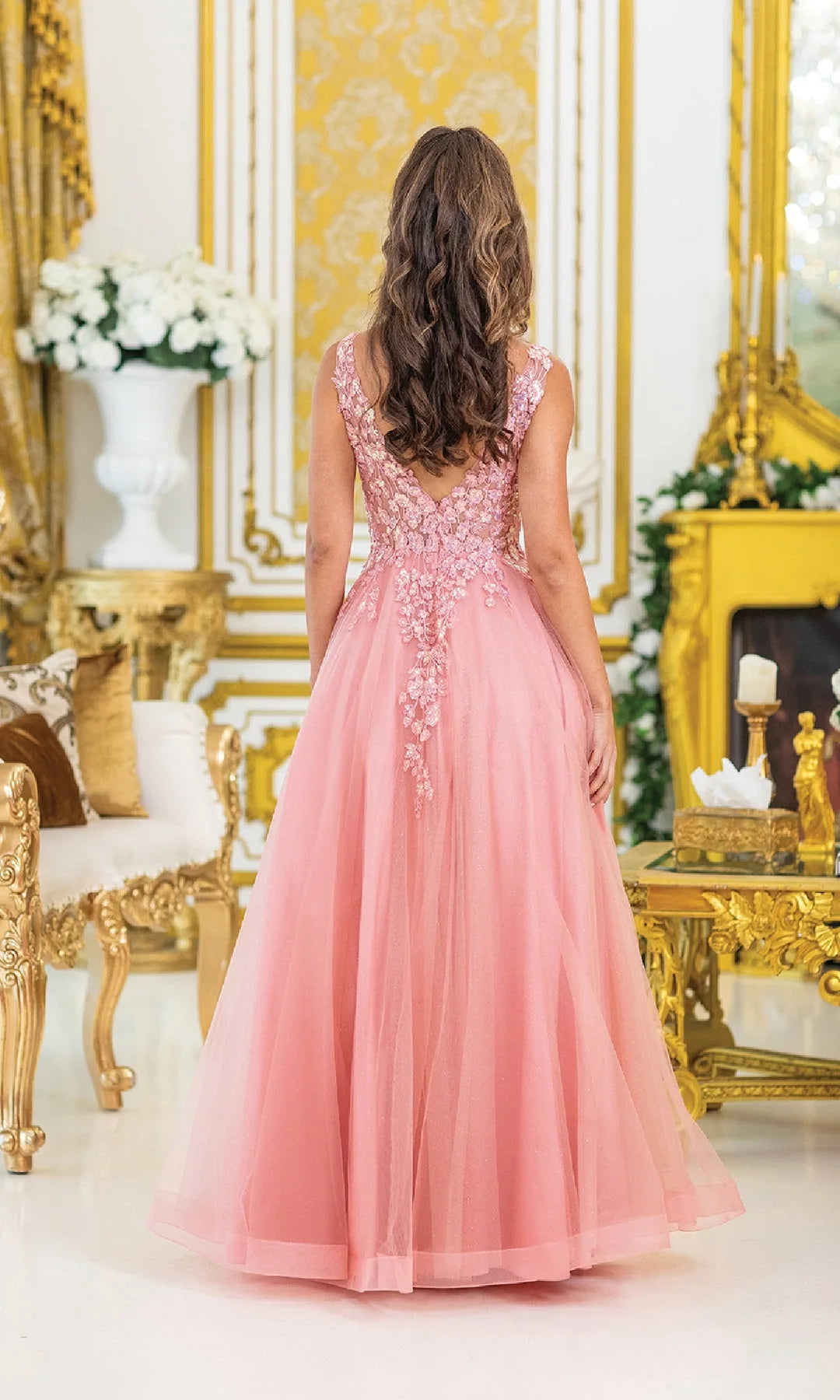 Charming A-Line V-Neck Sleeveless Floral Embellished Pink Long Prom Dresses Women Gown