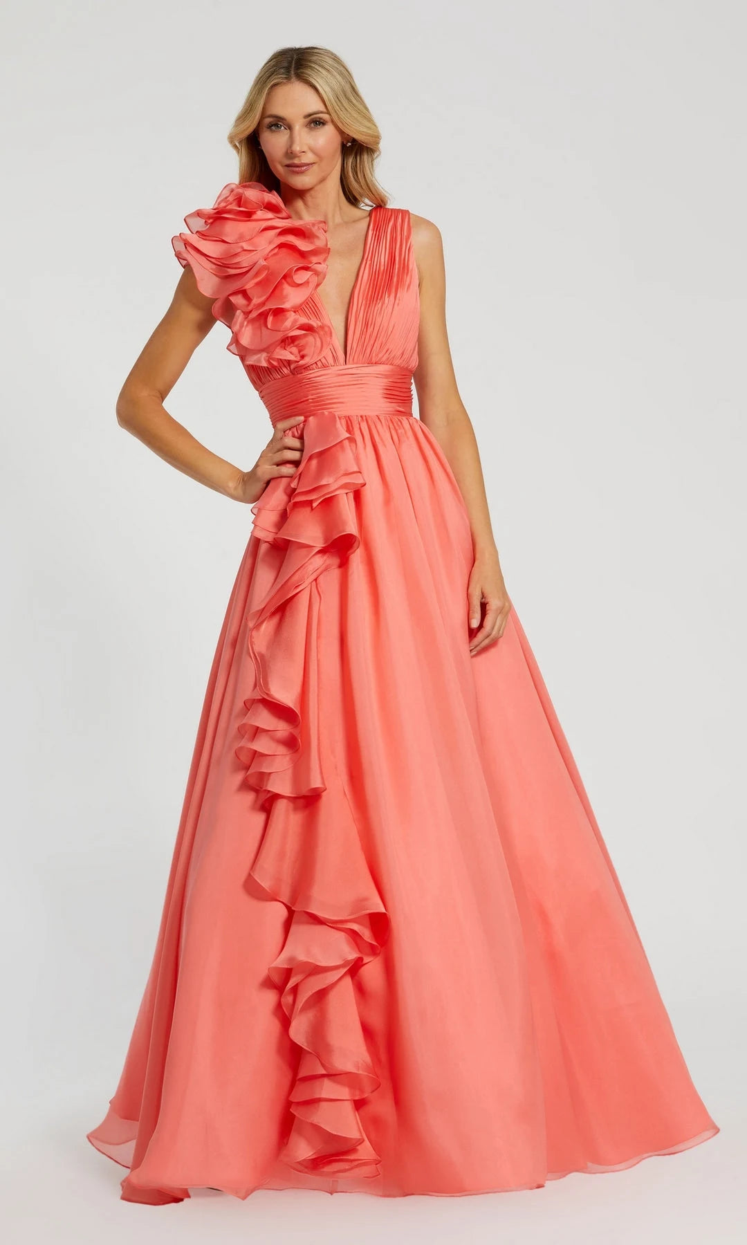 Charming A-Line V-Neck Sleeveless Ruffled Pleated Coral Floor-Length Prom Dresses Women