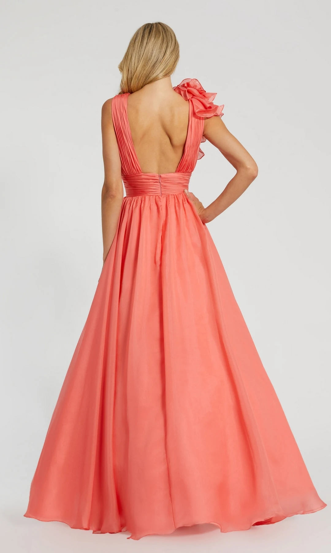 Charming A-Line V-Neck Sleeveless Ruffled Pleated Coral Floor-Length Prom Dresses Women