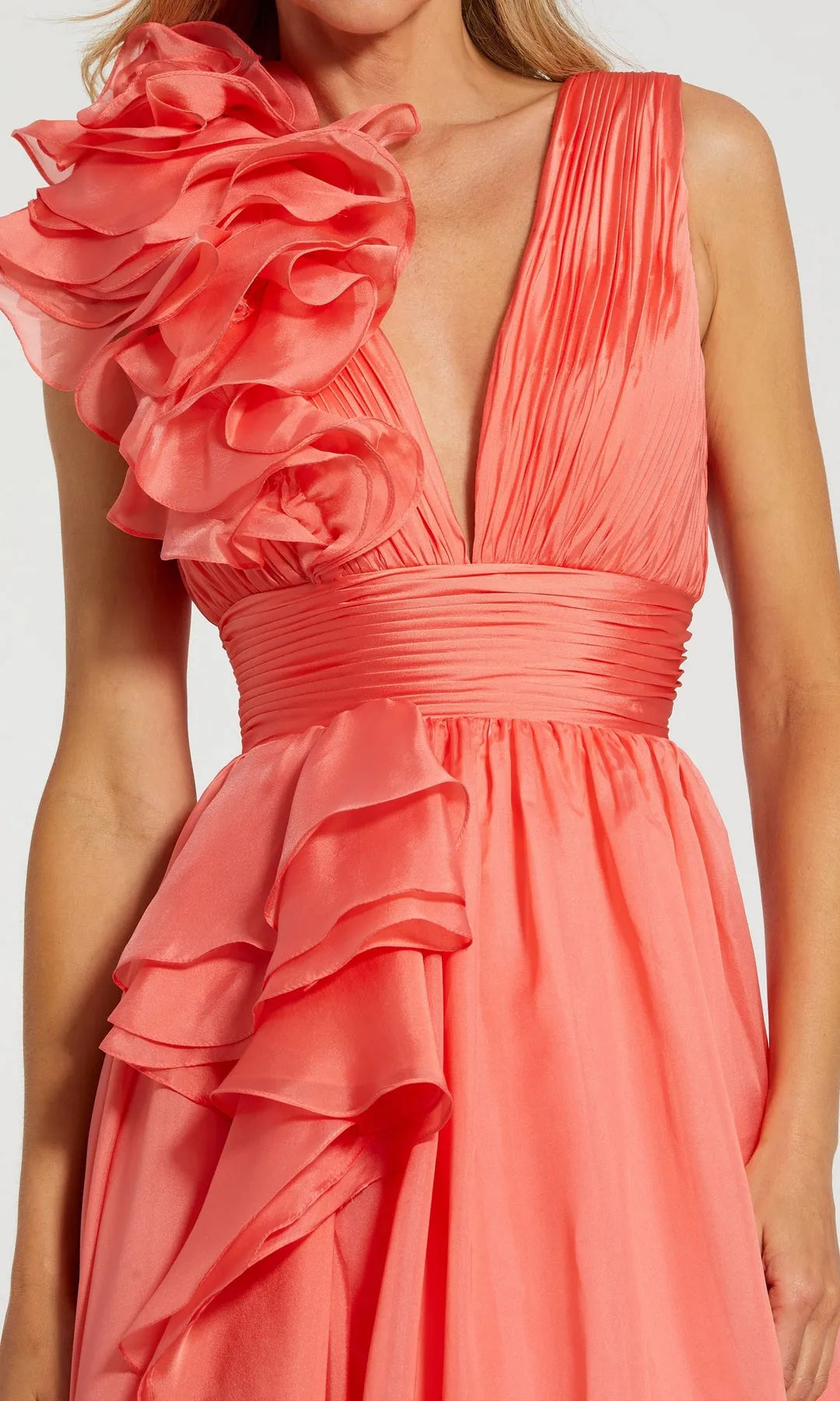 Charming A-Line V-Neck Sleeveless Ruffled Pleated Coral Floor-Length Prom Dresses Women