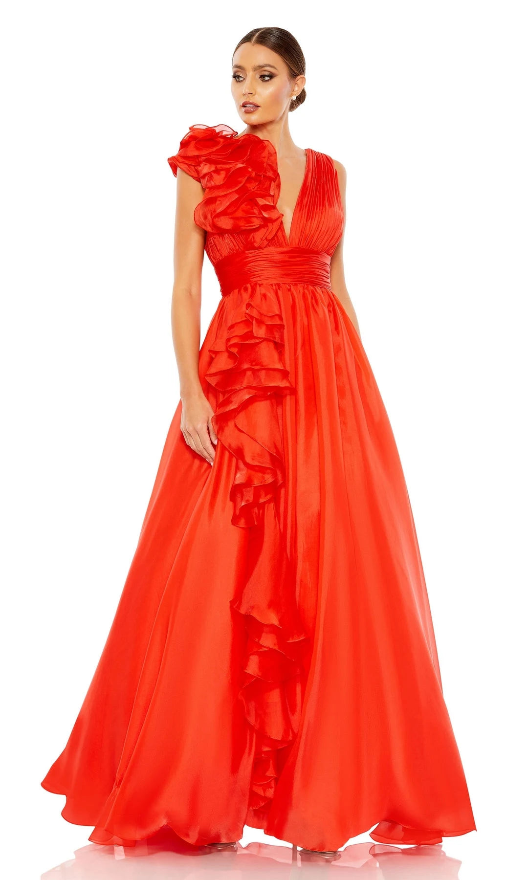 Charming A-Line V-Neck Sleeveless Ruffled Ruched Red Long Prom Dresses Gown