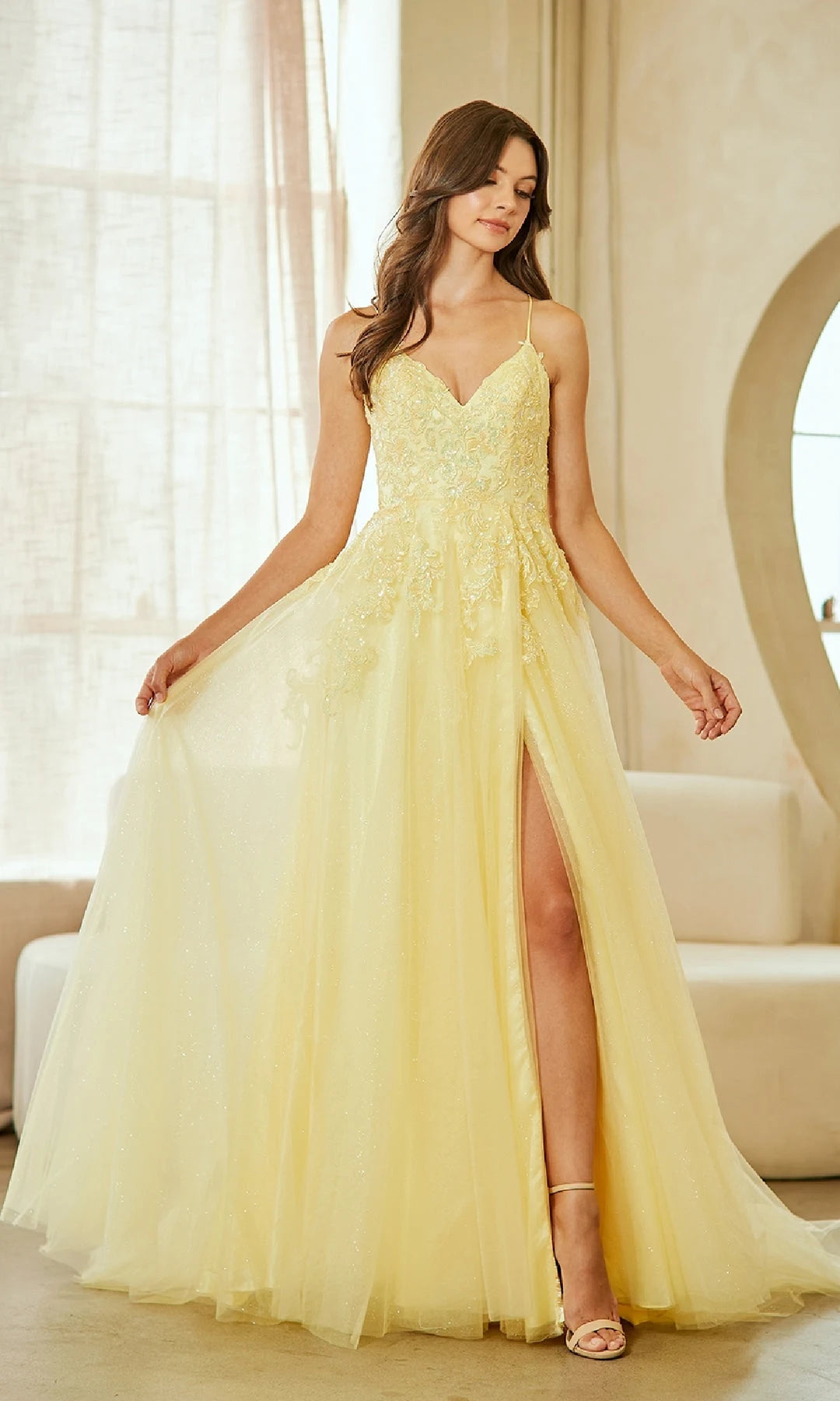 Charming A-Line V-Neck Sleeveless Slit Backless Yellow Long Prom Dresses Women