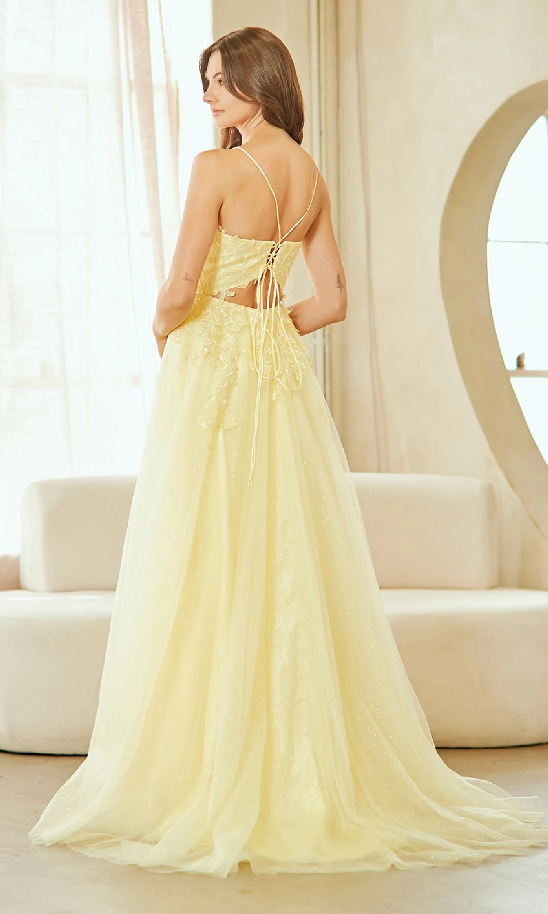 Charming A-Line V-Neck Sleeveless Slit Backless Yellow Long Prom Dresses Women