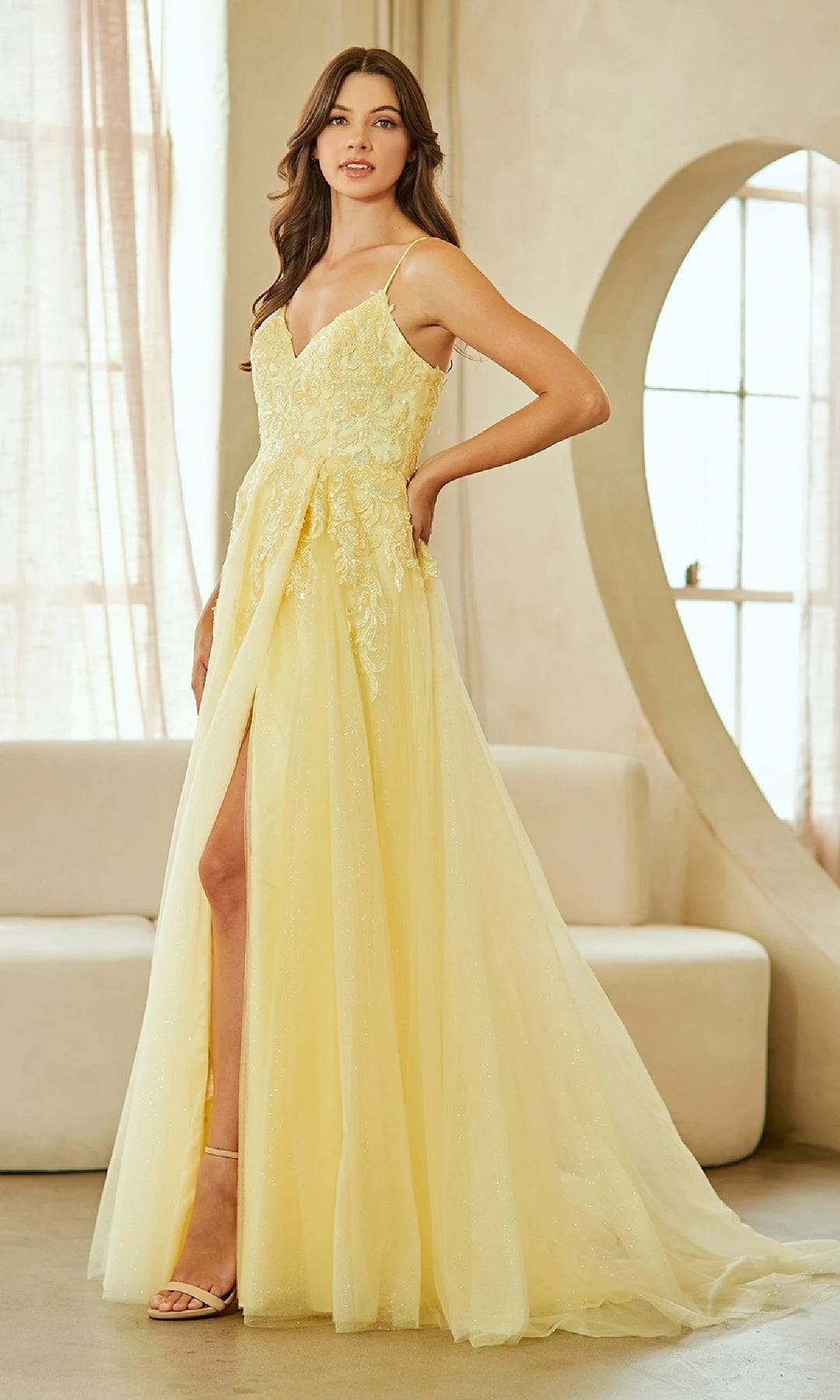 Charming A-Line V-Neck Sleeveless Slit Backless Yellow Long Prom Dresses Women