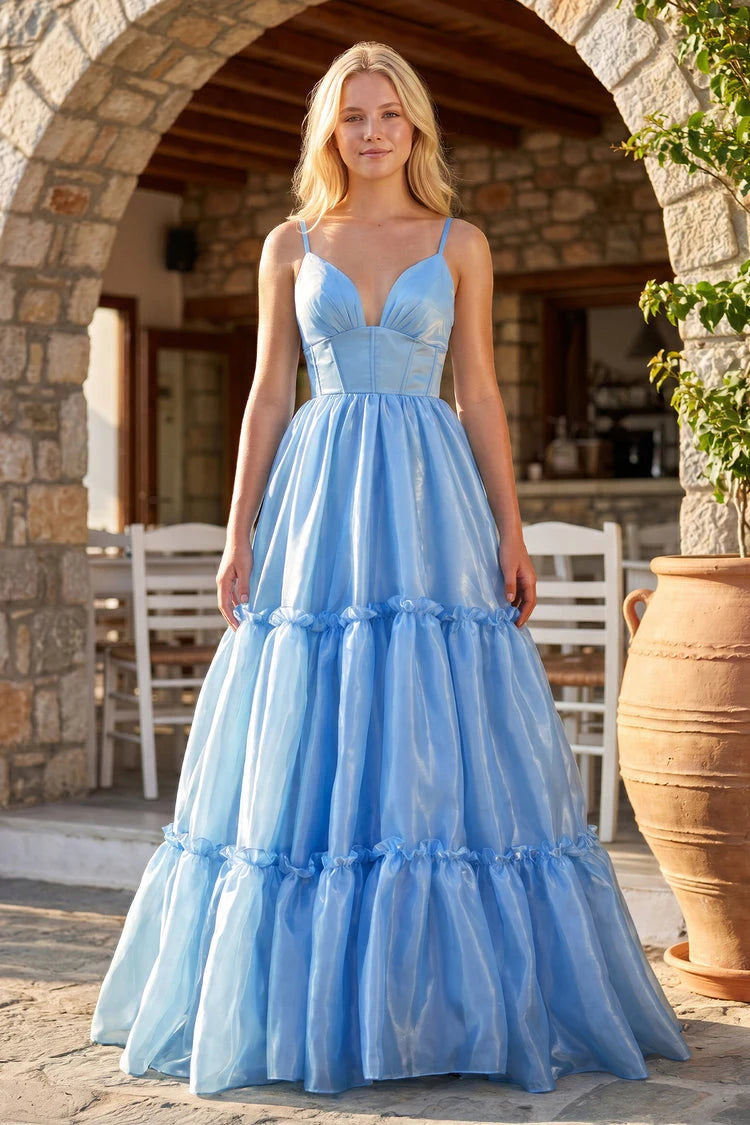 Charming A-Line V-Neck Sleeveless Tiered Ruffle Sky Blue Long Prom Gown