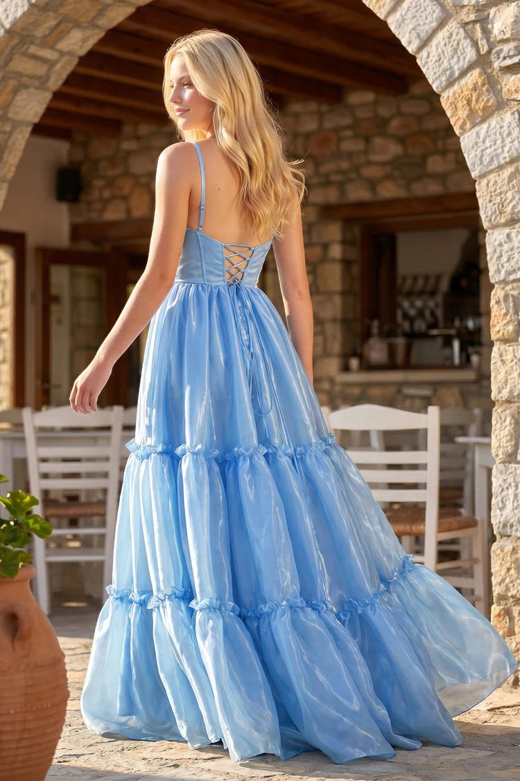 Charming A-Line V-Neck Sleeveless Tiered Ruffle Sky Blue Long Prom Gown