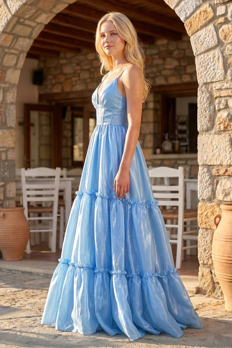 Charming A-Line V-Neck Sleeveless Tiered Ruffle Sky Blue Long Prom Gown