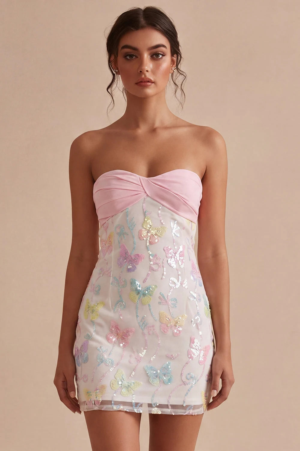 Charming Sheath Strapless Sequin Butterfly Ruched Mini Multi-color Homecoming Dress
