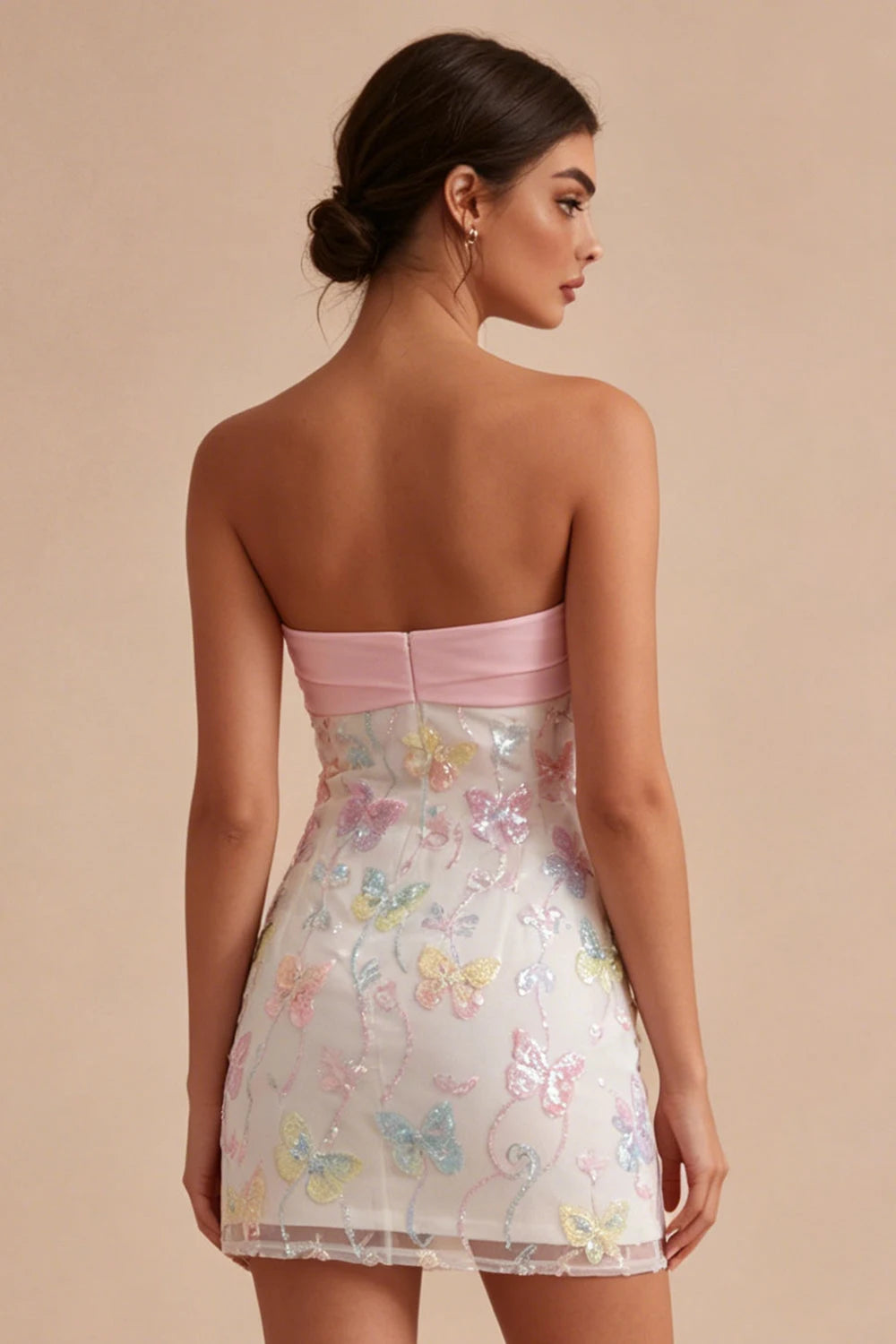 Charming Sheath Strapless Sequin Butterfly Ruched Mini Multi-color Homecoming Dress