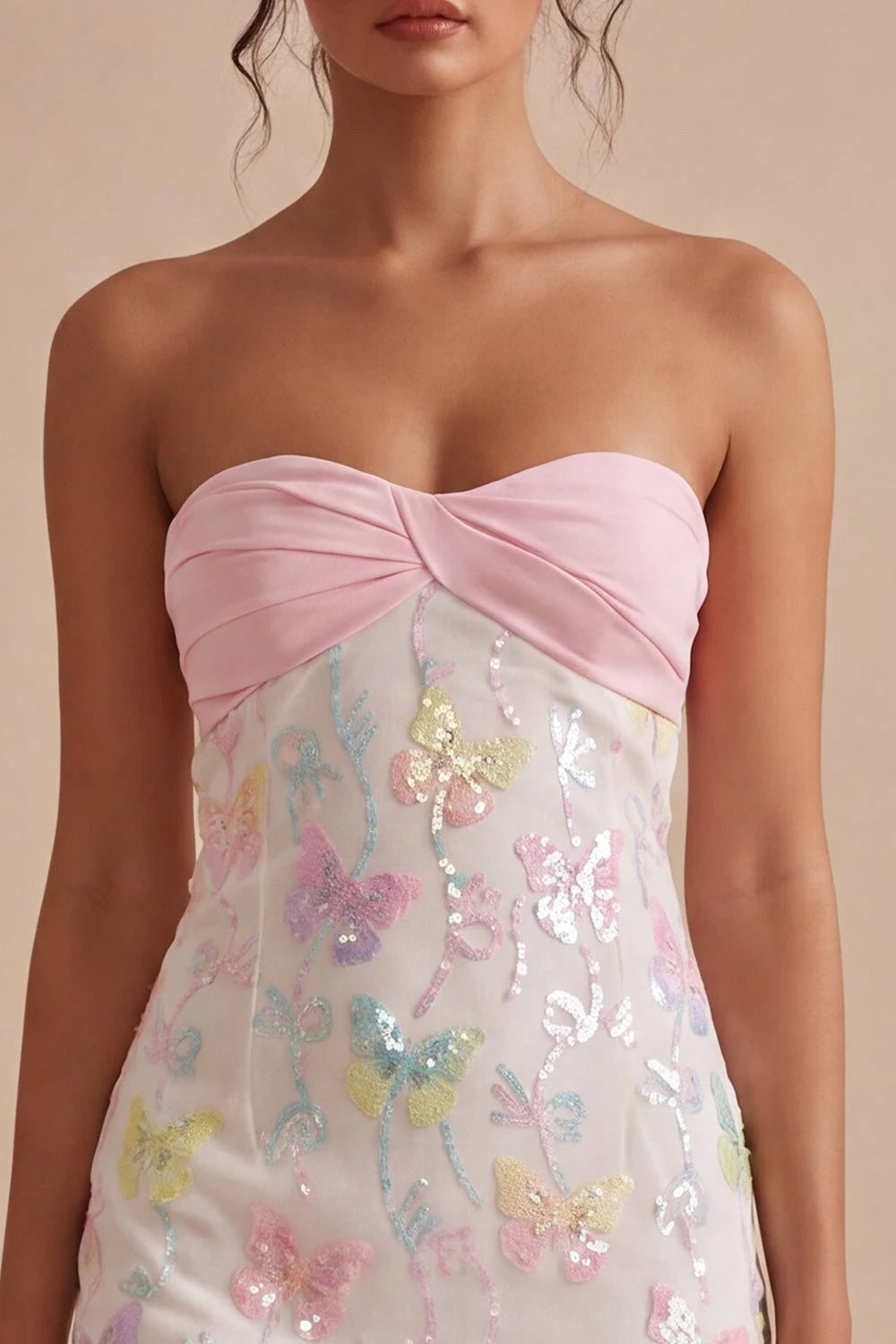 Charming Sheath Strapless Sequin Butterfly Ruched Mini Multi-color Homecoming Dress