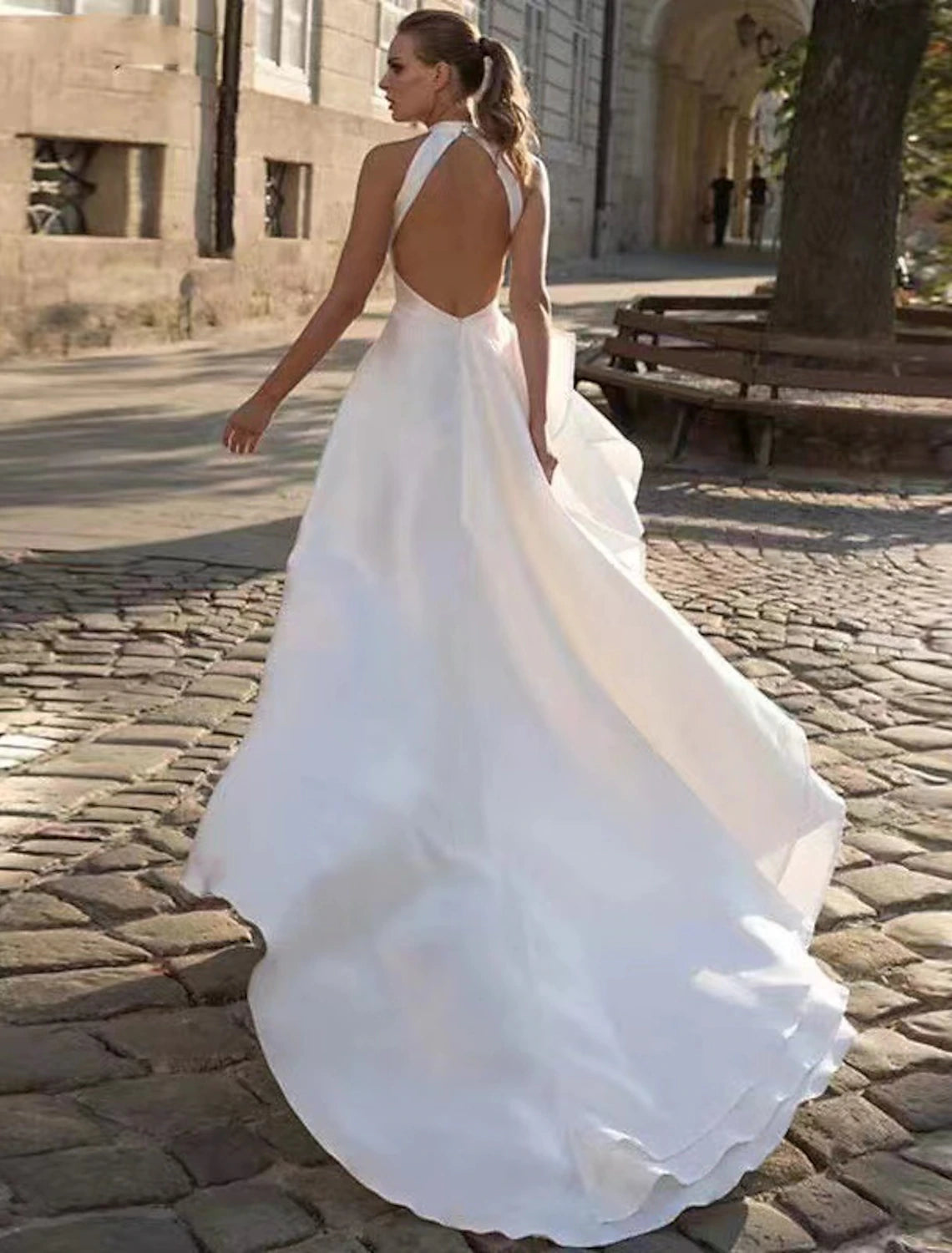 Chic A-Line Halter Open Back Satin Court Train Reception Wedding Dress.