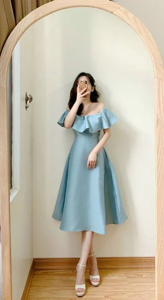 Chic A-Line OffShoulder Ruffle Sleeve Plain Back Midi Length Formal Evening Dress