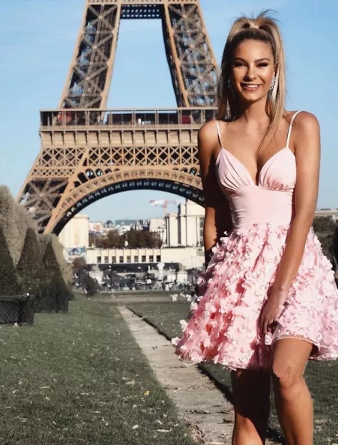 Chic A-Line Spaghetti Strap Boho Homecoming Mini Dress with Appliques.