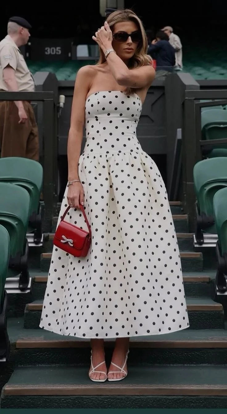 Chic A-Line Strapless Open Back Polka-Dot Midi Evening Dress