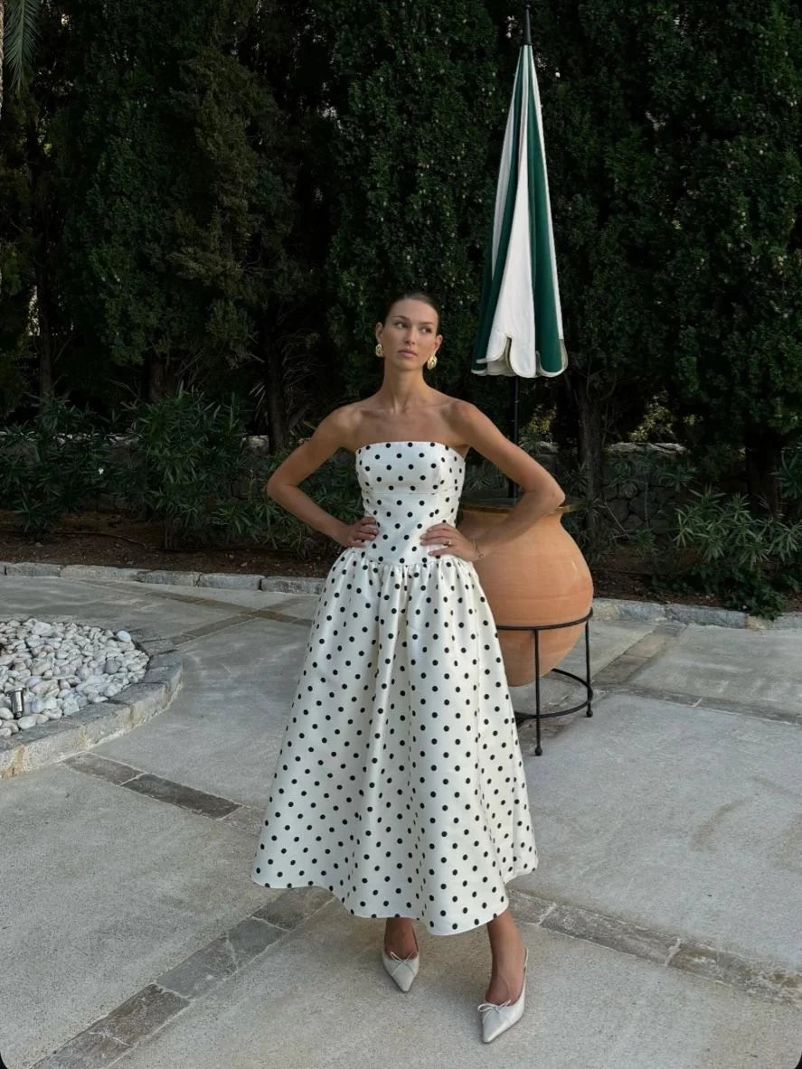 Chic A-Line Strapless Open Back Polka-Dot Midi Evening Dress