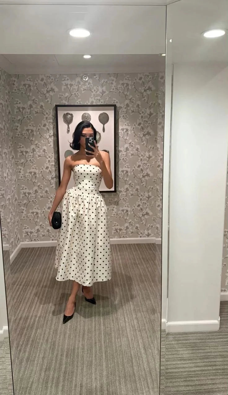 Chic A-Line Strapless Open Back Polka-Dot Midi Evening Dress