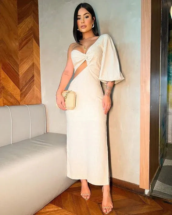 Chic Asymmetrical One-Puff-Sleeve Twist Cutout Open-Back Side-Slit Midi Formal Evening Dress
