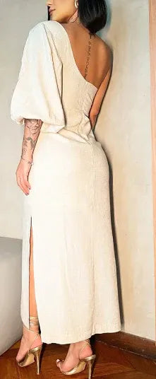 Chic Asymmetrical One-Puff-Sleeve Twist Cutout Open-Back Side-Slit Midi Formal Evening Dress