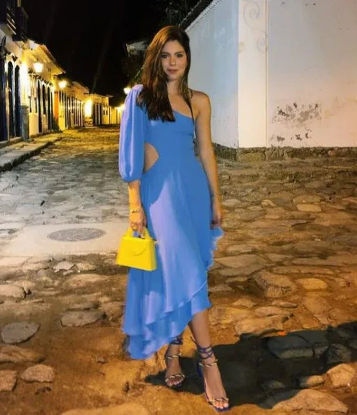 Chic Asymmetrical One-Shoulder Cutout High-Low Midi Formal Evening Dress