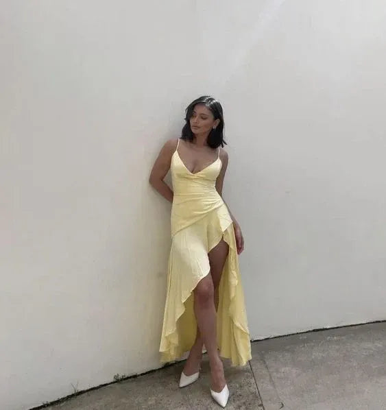 Chic Asymmetrical V-Neck Spaghetti Strap High-Slit Satin Midi Formal Evening Dress