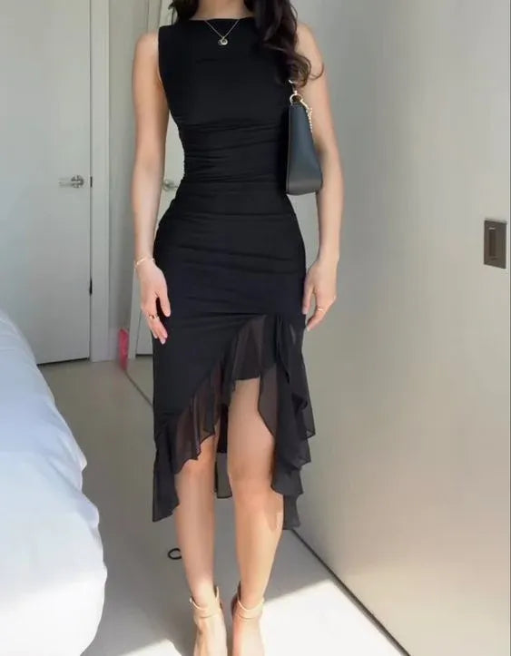Chic Bodycon Crew Neck Sleeveless Plain Back Midi Length Formal Evening Dress
