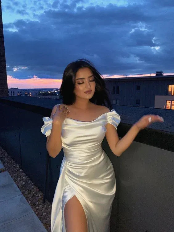 Chic Mermaid Off-the-Shoulder Short Sleeve High-Slit Floor-Length Formal Evening Dress