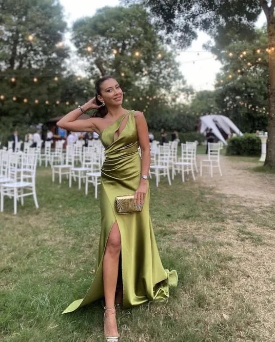 Chic Mermaid One-Shoulder Cut-Out Plain Back Floor Length Formal Evening Dress