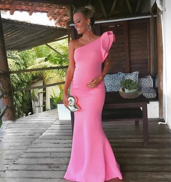 Chic Mermaid One-Shoulder Statement Sleeve Plain Back Floor Length Formal Evening Dress