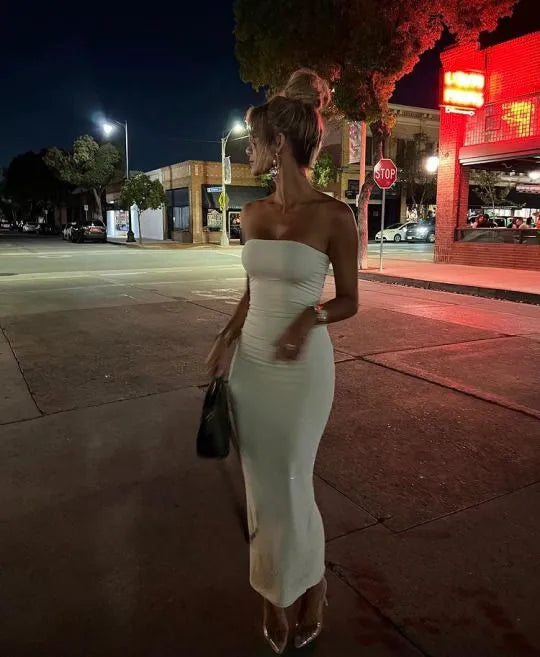 Chic Mermaid Strapless Sleeveless Plain Back Midi Length Formal Evening Dress