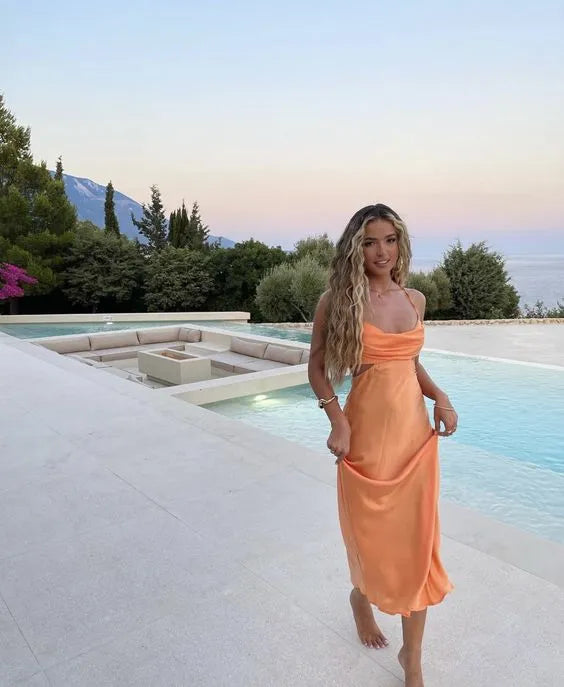 Chic Midi Cowl Neck Spaghetti Strap Waist Cutout Flowy Satin Summer Evening Dress