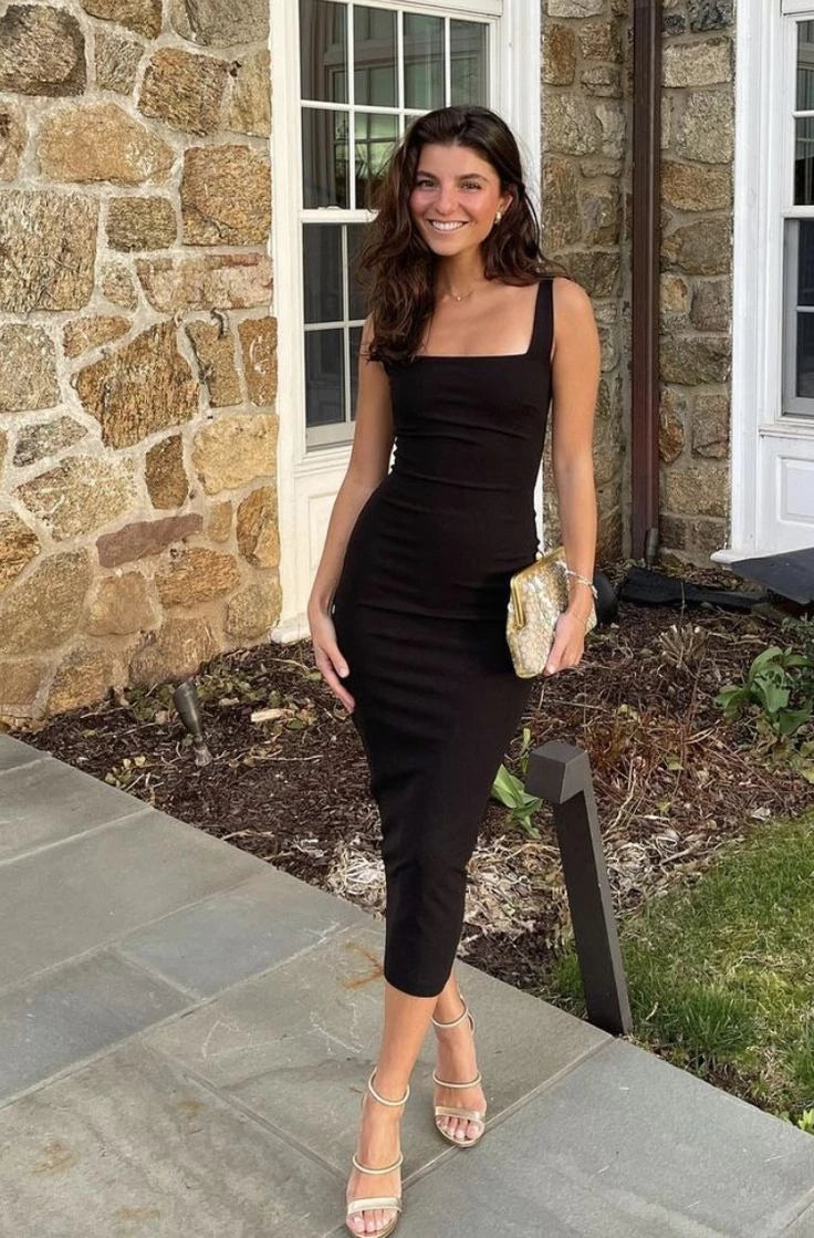 Chic Sheath Square-Neck Sleeveless Open-Back Midi-Length Evening Dress