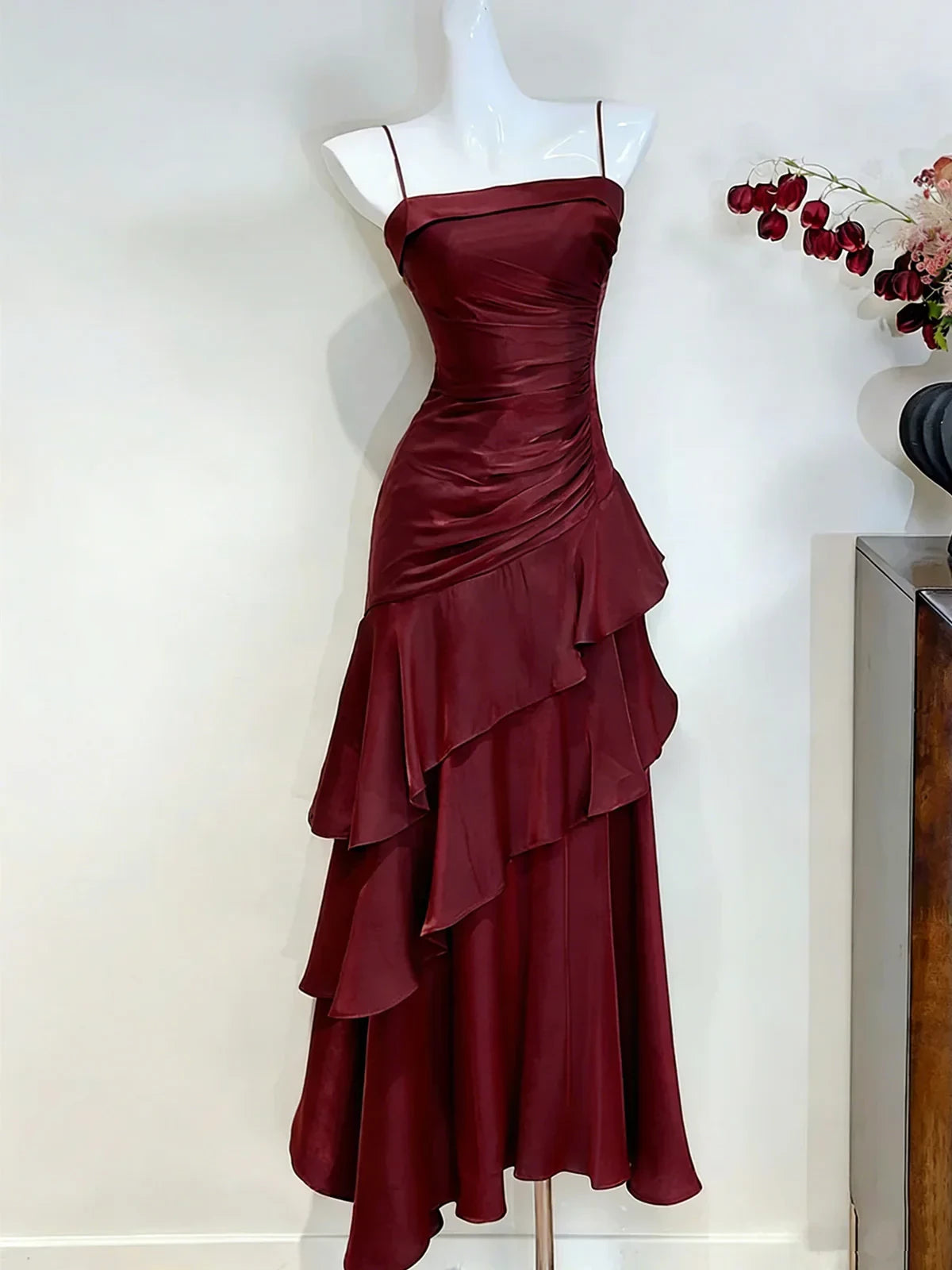 Chic Sheath Straight Neck Spaghetti-Strap Zipper Back Ruffled Satin Evening Dress