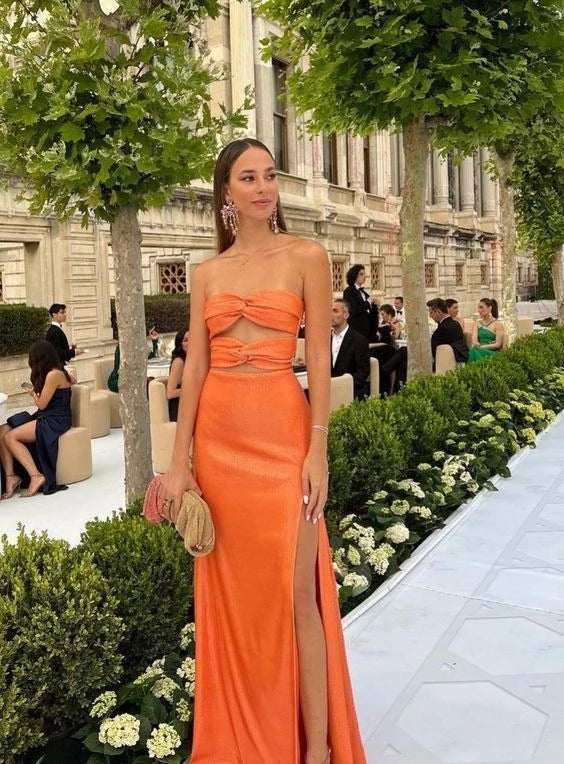 Chic Sheath Strapless Sleeveless Open Back Cutout High-Slit Satin Maxi Evening Dress