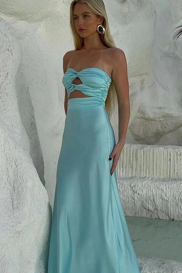 Chic Sheath Sweetheart Neck Strapless Ruched Back Cutout Satin Maxi Prom Dress