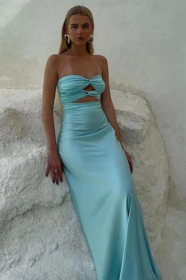 Chic Sheath Sweetheart Neck Strapless Ruched Back Cutout Satin Maxi Prom Dress