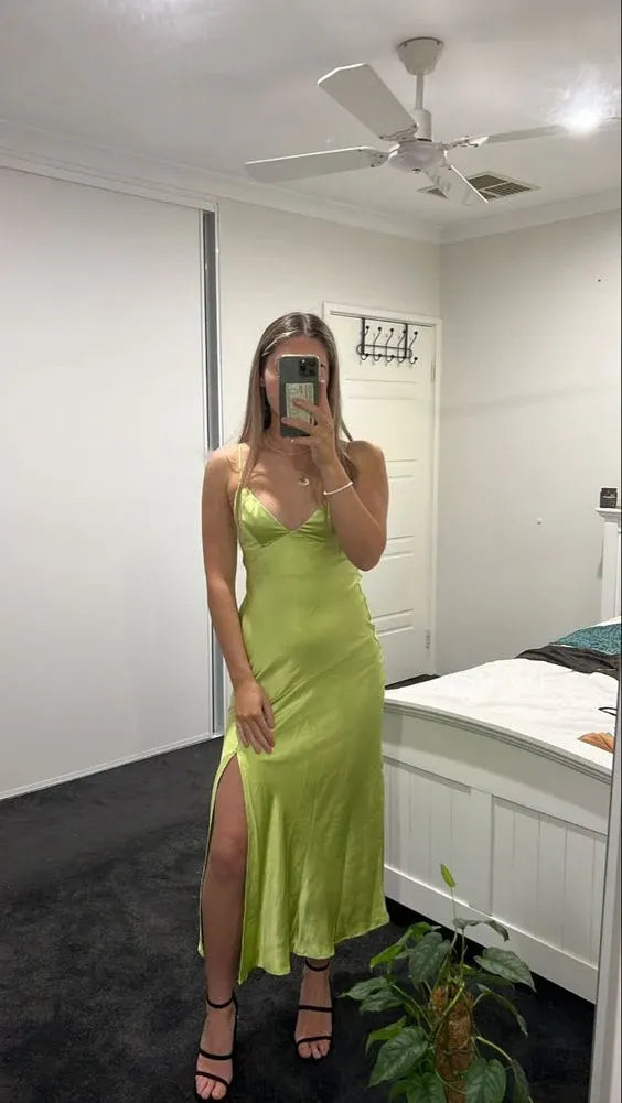 Chic Slip V-Neck Spaghetti Strap Plain Back Midi Length Formal Evening Dress