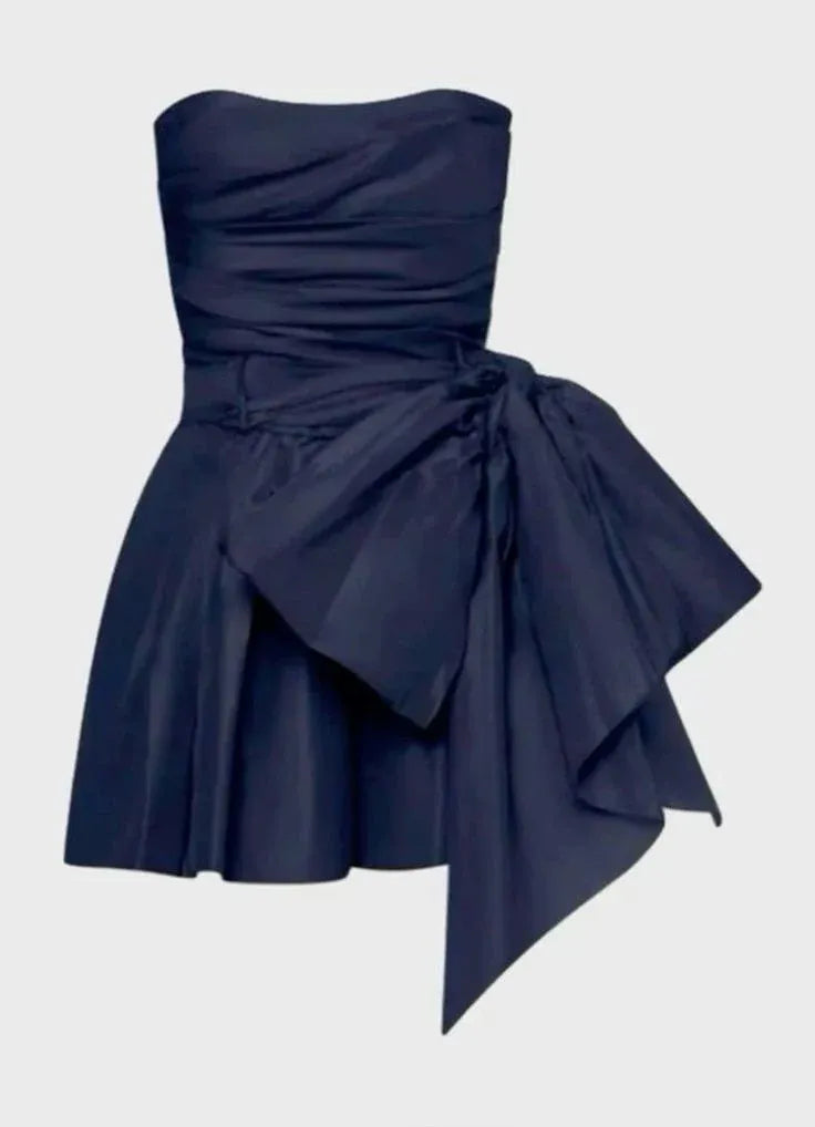 Chic Strapless Ruched Waist Big Side Bow Pleated Skirt Short Satin Homecoming Dress